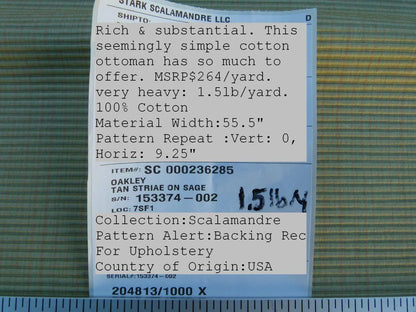 By Yard Scalamandre Oakley Tan Striae On Sage Old World Weavers MSRP USD 264/Y