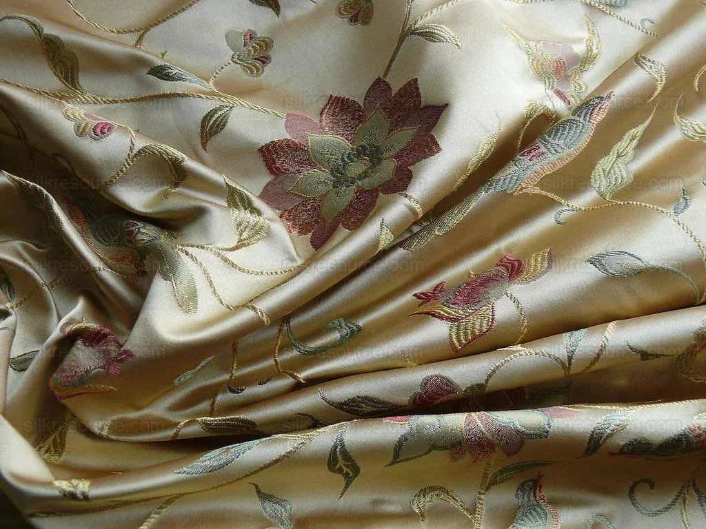 by yard 100%silk Lampas Satin Love Bird Curry Lite Gold