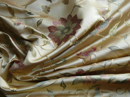 by yard 100%silk Lampas Satin Love Bird Curry Lite Gold