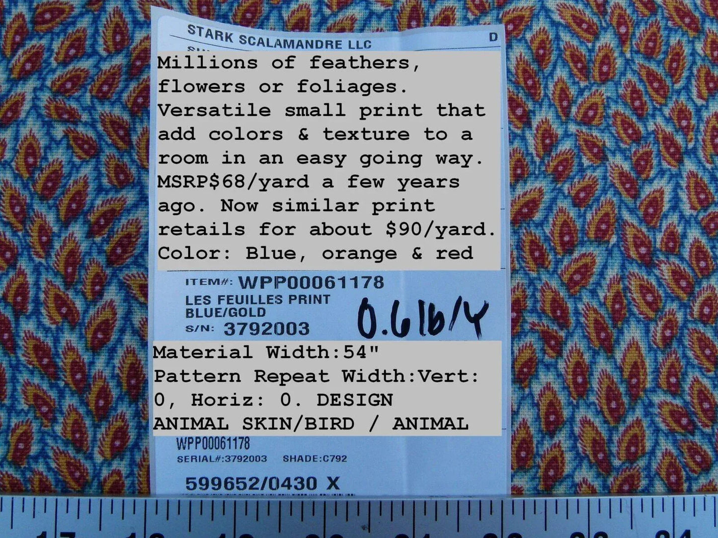 By Yard Scalamandre Les Feuilles Feathers Flowers Gw Blue/gold Red Orange  Animal Skin Bird Feather Mid-Century MSRP $200+/Y