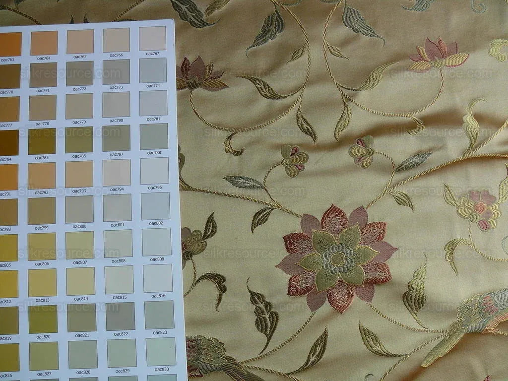 by yard 100%silk Lampas Satin Love Bird Curry Lite Gold