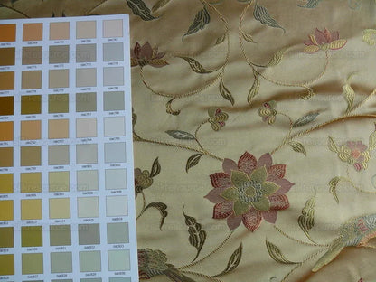 by yard 100%silk Lampas Satin Love Bird Curry Lite Gold