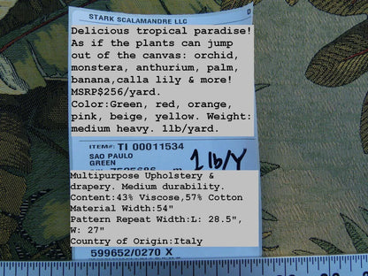 By Yard Scalamandre Sao Paulo Gw Tropical Foliage Flower Brazil Red Green Old World Weavers MSRP USD 256/Y