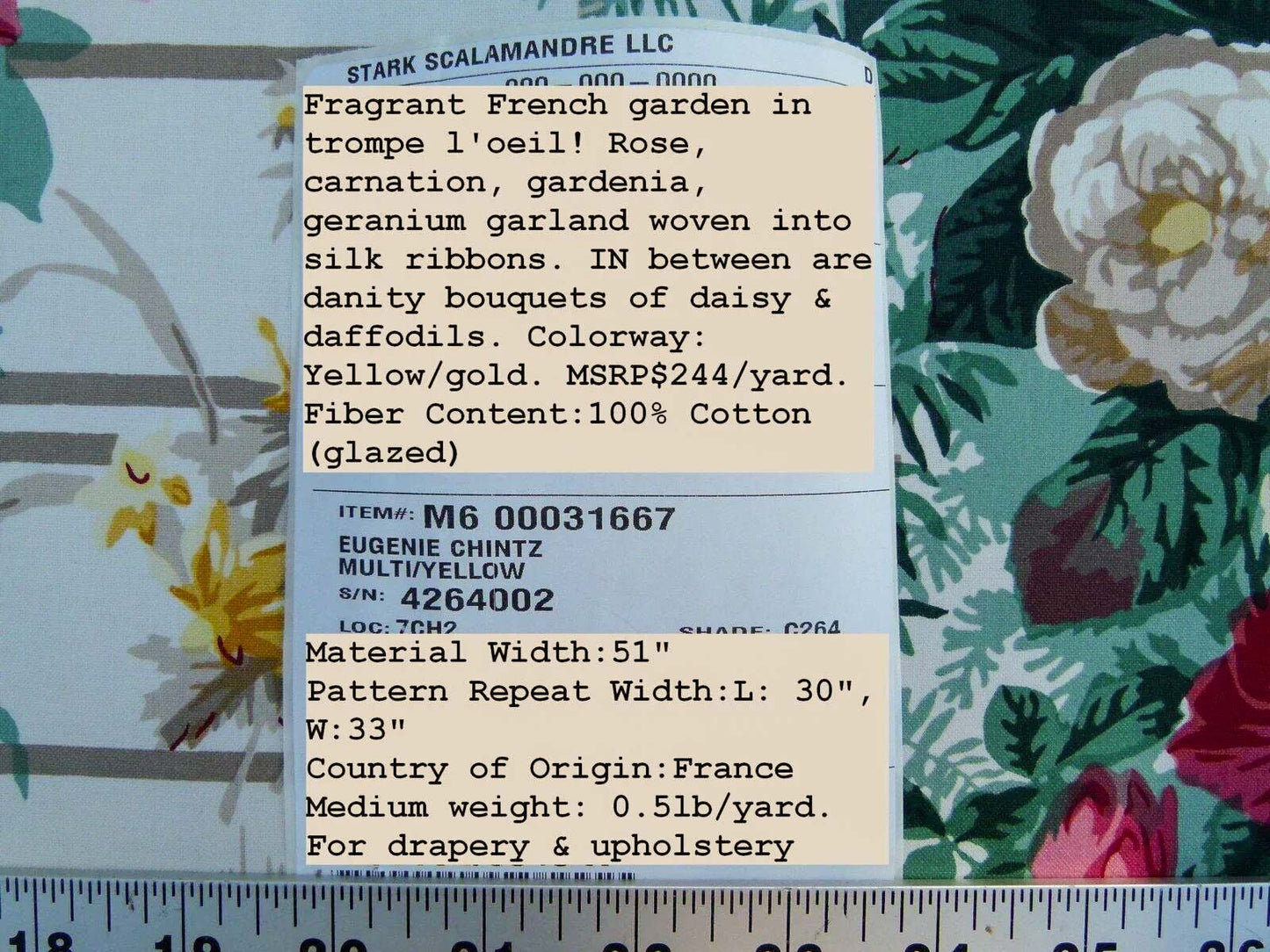 By Yard Scalamandre Eugenie Multi Yellow Chintz Tromp D’oeil Satin Sache Rose Garland MSRP USD 288/Yd