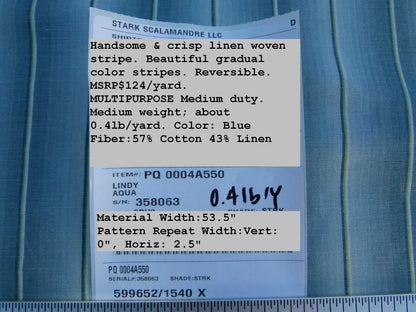 By Yard Scalamandre Old World Weavers Lindy Aqua Stripe Linen Cotton Woven MSRP USD 124/Y