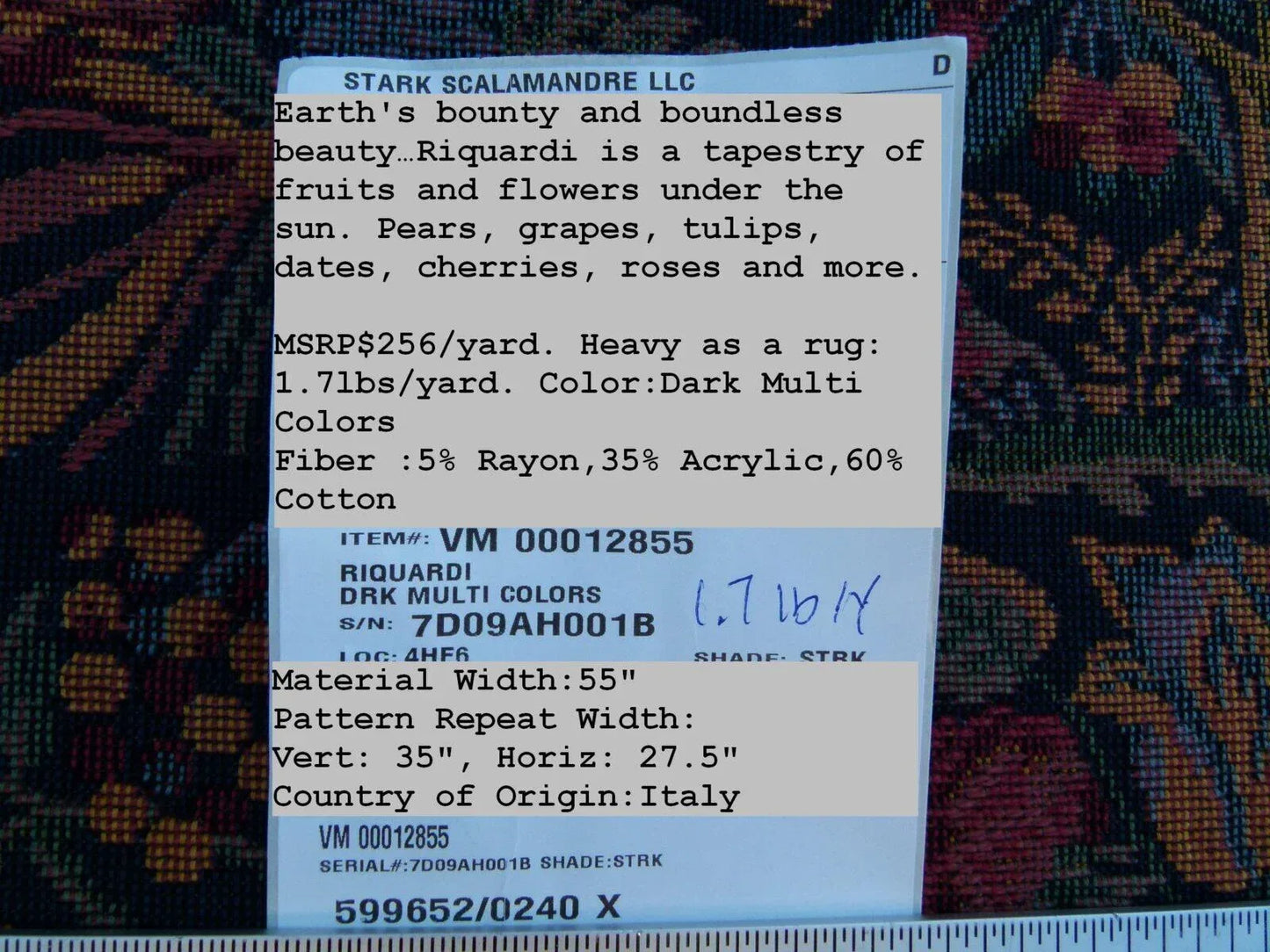 0.36Y Scalamandre Riquardi Drk Multi Colors Old World Weavers Pear Tree Tapestry MSRP USD 256/Y