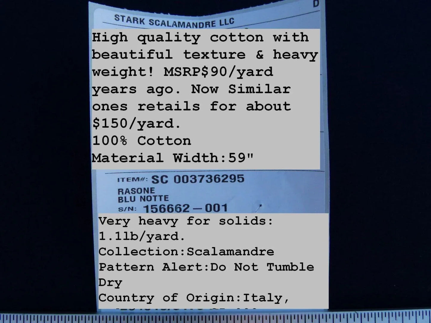 By Yard Scalamandre Old World Weavers Rasone Blu Notte Midnight Blue 100% Cotton Heavy MSRP USD150 /Y