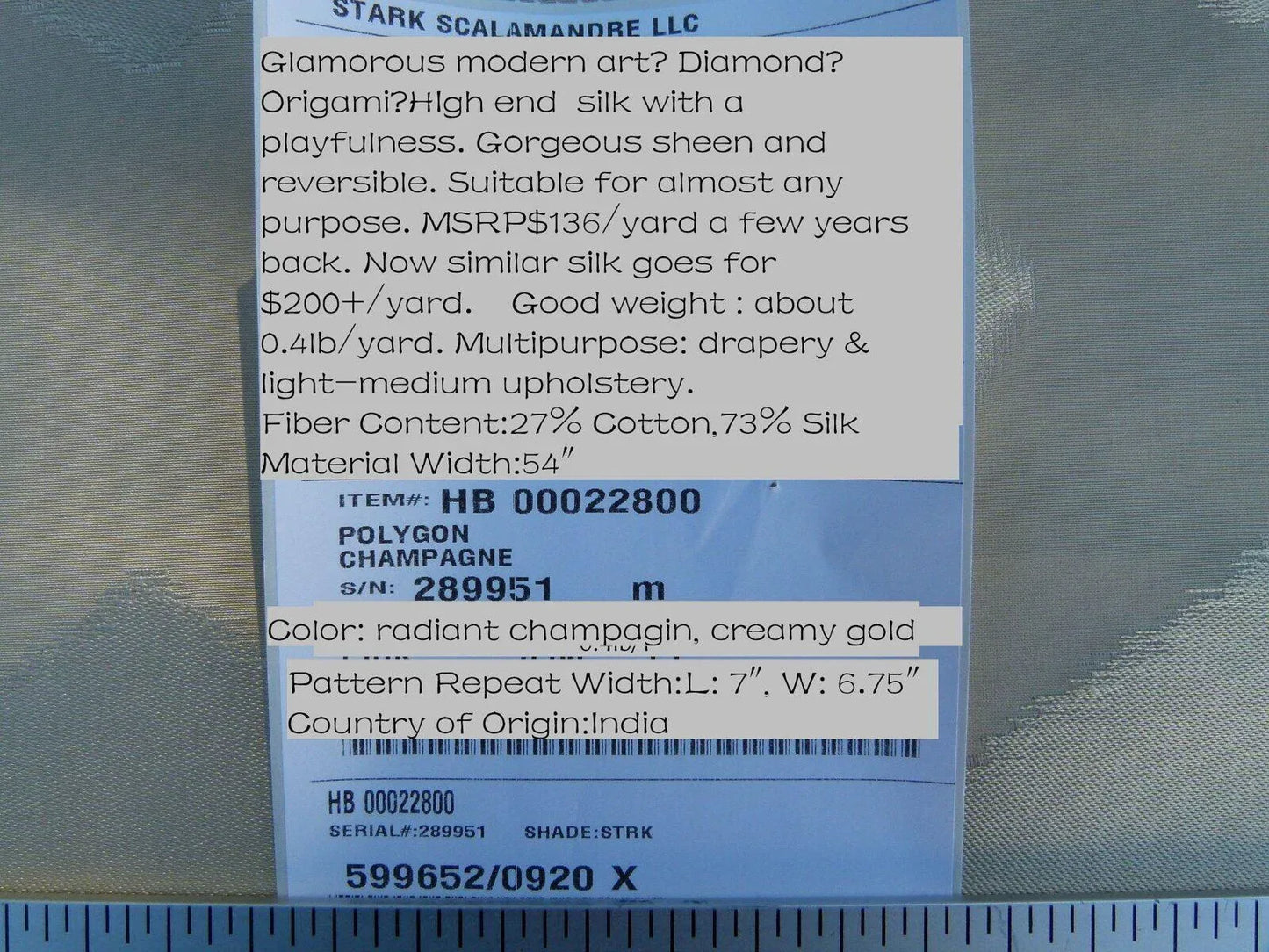 Scalamandre Polygon Champagne Gold Cream Watkins Brilliant Cream Silk Cotton Old World Weavers MSRP USD 260/Y