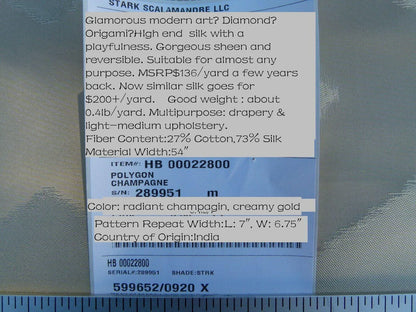 Scalamandre Polygon Champagne Gold Cream Watkins Brilliant Cream Silk Cotton Old World Weavers MSRP USD 260/Y