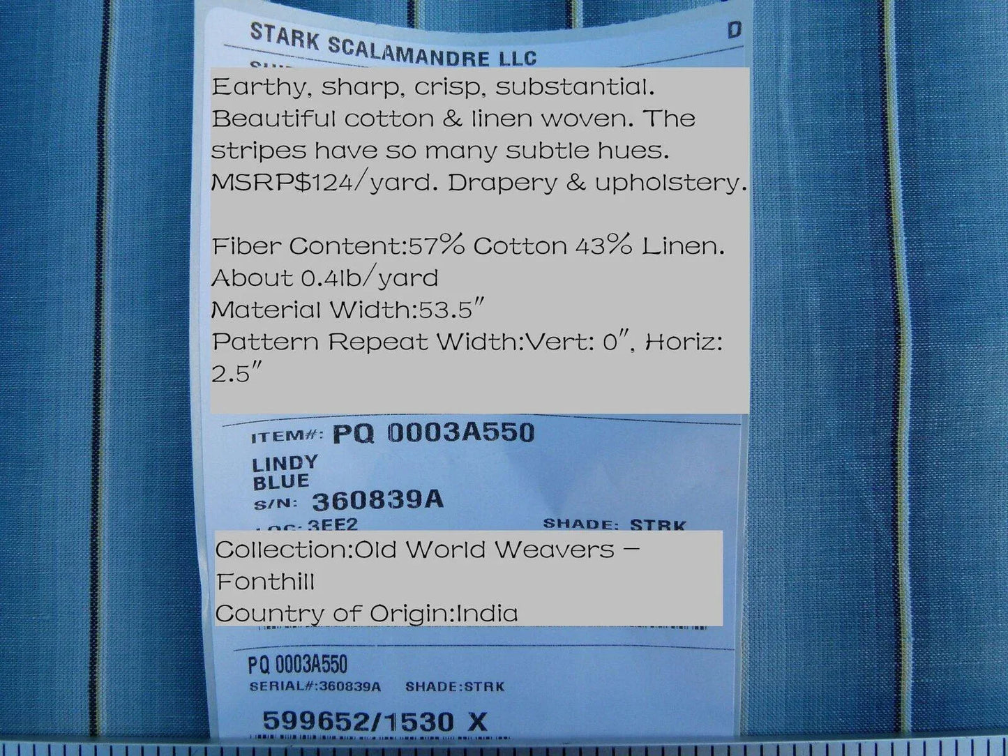 By Yard Scalamandre  Old World Weavers Lindy Blue Stripe Linen Cotton Woven MSRP USD 124/Y