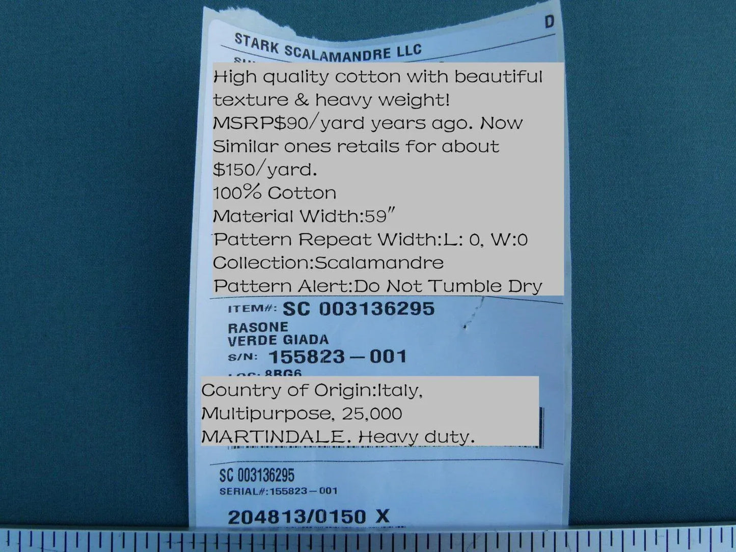 Scalamandre Old World Weavers Rasone Verde Giada  Green Jade 100% Cotton Heavy MSRP USD 150/Y