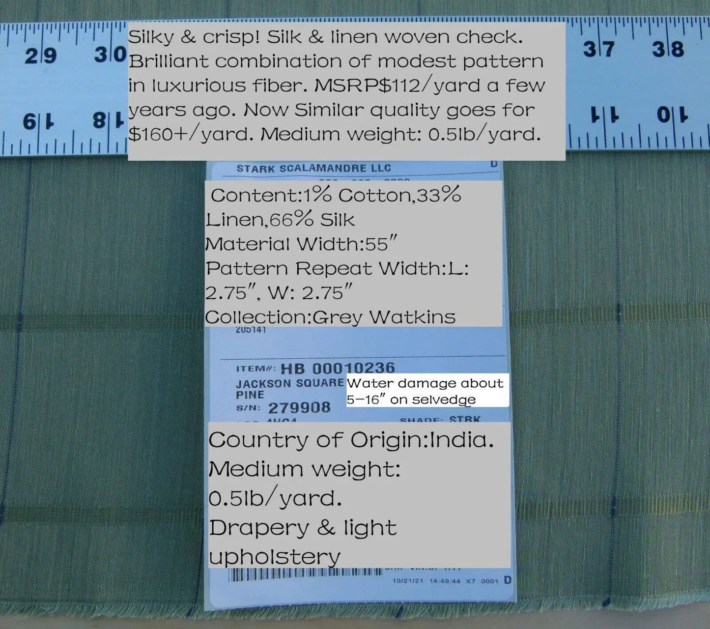 Scalamandre Jackson Square Pine Green Watkins Silk Linen Plaid MSRP USD 112/Y 41"wide