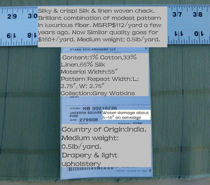 Scalamandre Jackson Square Pine Green Watkins Silk Linen Plaid MSRP USD 112/Y 41"wide