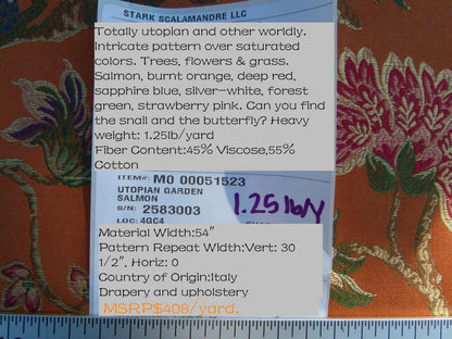 Scalamandre Utopian Garden Grey Watkins Salmon Pink Renaissance Floral &amp; Fruits Butterfly Snail Old World Weavers Flower Lampas MSRP USD 408/y