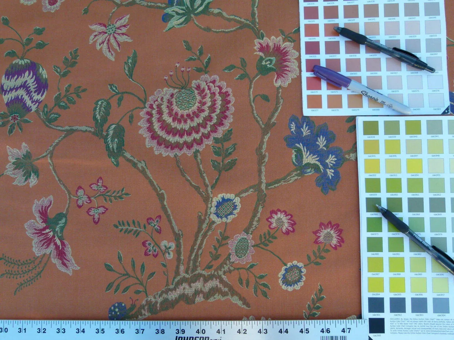 Scalamandre Utopian Garden Grey Watkins Salmon Pink Renaissance Floral &amp; Fruits Butterfly Snail Old World Weavers Flower Lampas MSRP USD 408/y