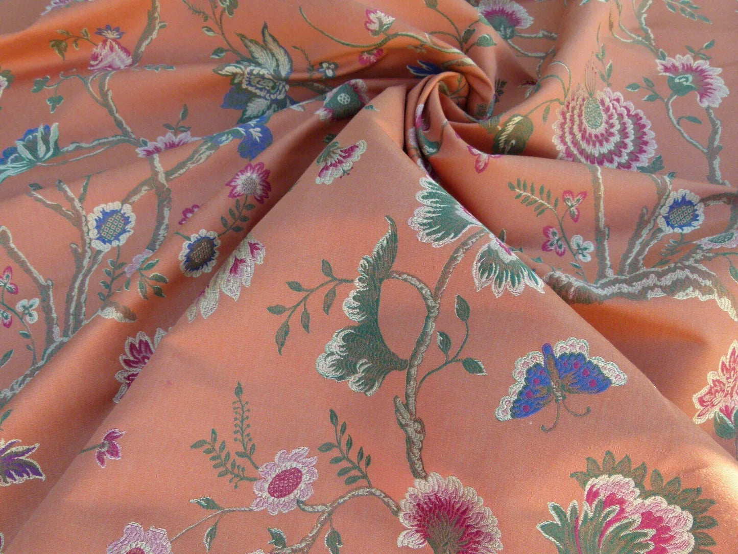 Scalamandre Utopian Garden Grey Watkins Salmon Pink Renaissance Floral &amp; Fruits Butterfly Snail Old World Weavers Flower Lampas MSRP USD 408/y