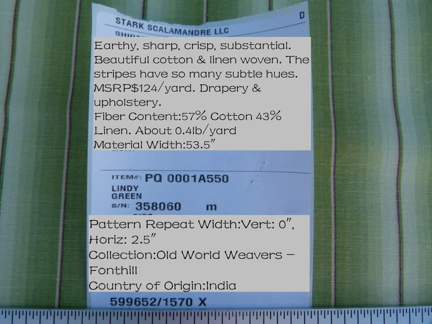 By Yard Scalamandre Old World Weavers Lindy Green Stripe Linen Cotton Woven MSRP USD 124/Y