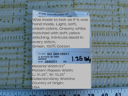 Scalamandre "a Stitch In Time" Green  Old World Weavers Arts &amp; Crafts Cotton Green Trompe-l'œil