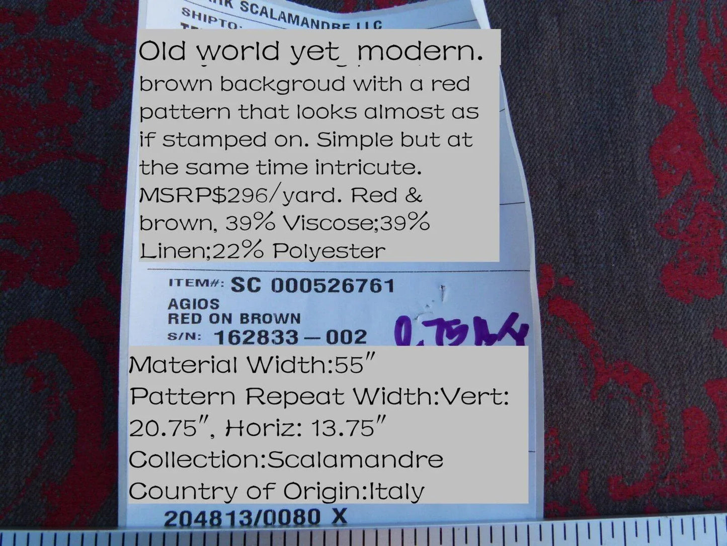 Scalamandre Agios Damask Red On Brown Magnificent Renaissance Damask Fil Coupe Old World Weavers  MSRP USD 296/Y