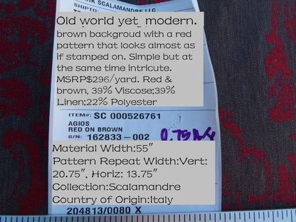 Scalamandre Agios Damask Red On Brown Magnificent Renaissance Damask Fil Coupe Old World Weavers  MSRP USD 296/Y