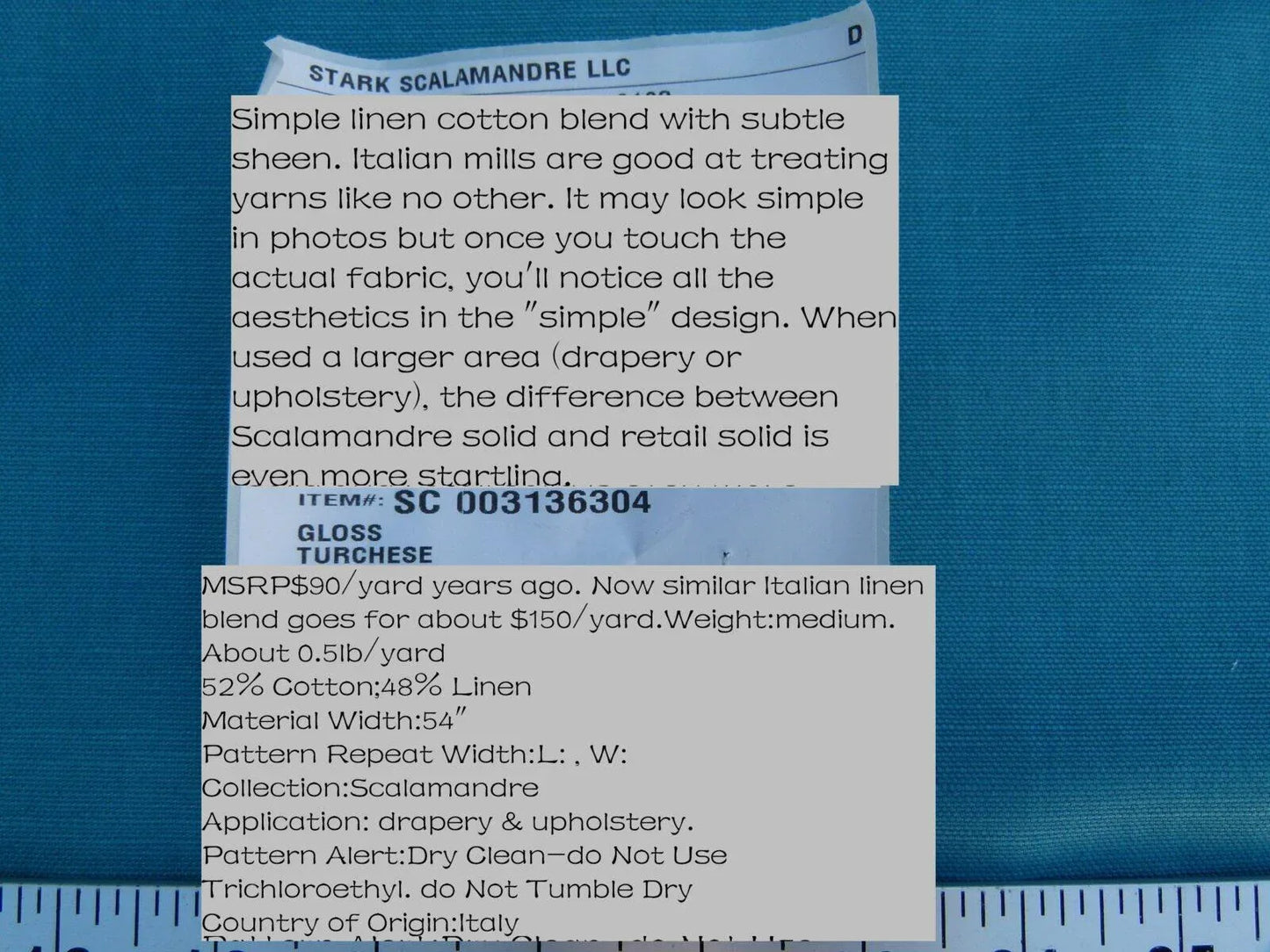 Scalamandre Gloss Turchese Green Blue Aqua Cotton Linen Blend MSRP USD 90/Y Old World Weavers