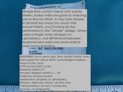 Scalamandre Gloss Turchese Green Blue Aqua Cotton Linen Blend MSRP USD 90/Y Old World Weavers