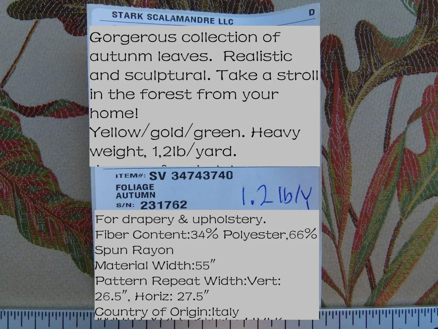 Scalamandre Old World Weavers Foliage Autumn Tropical Leaves Spectacular Lampas Orange Red Gold MSRP USD 296/Y