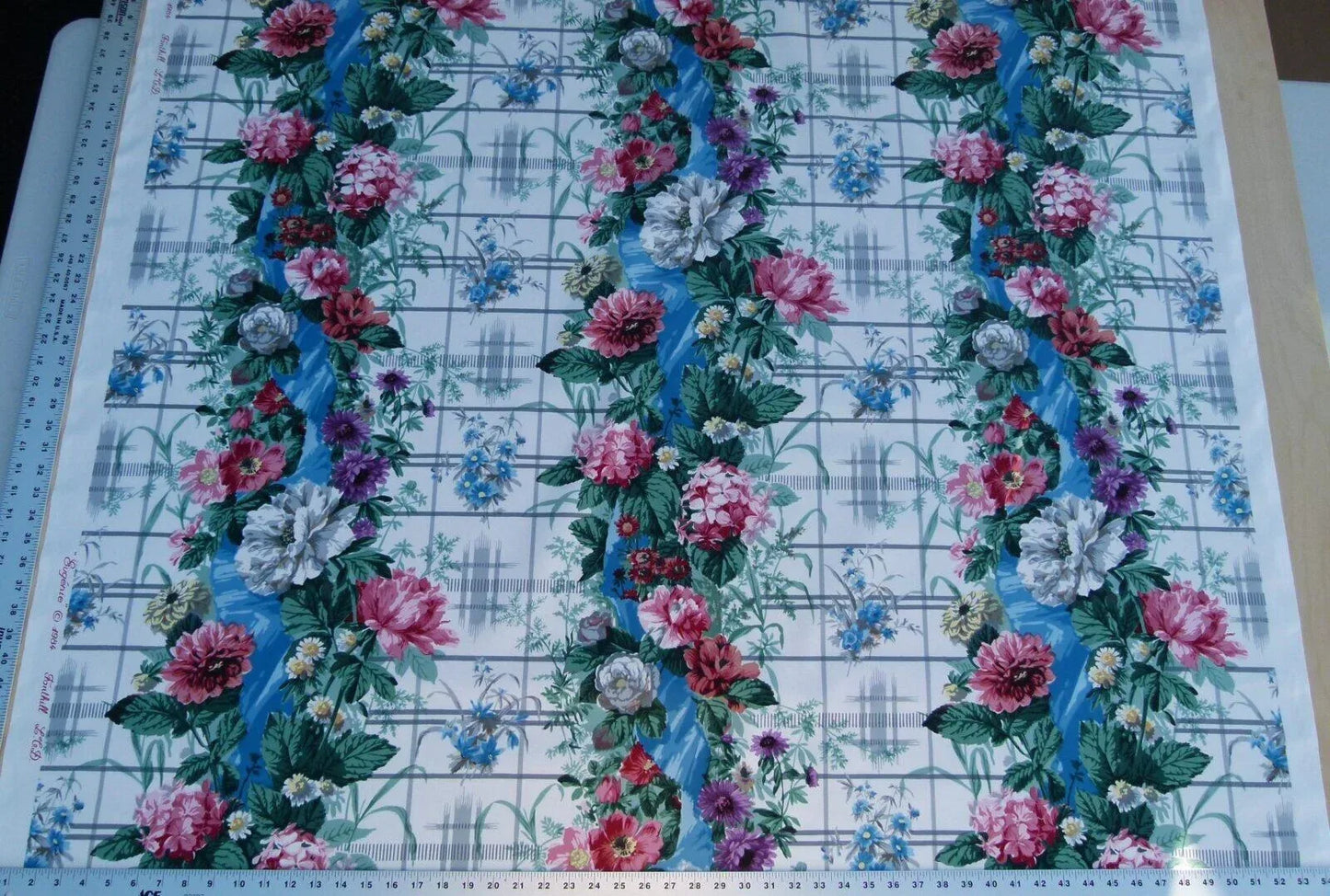 By Yard Scalamandre Eugenie Multi On Blue Chintz Tromp D’oeil Satin Sache Rose Garland MSRP USD 288/Yd