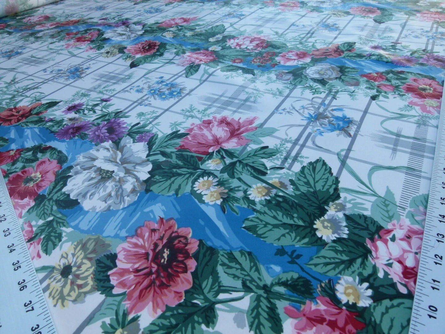 By Yard Scalamandre Eugenie Multi On Blue Chintz Tromp D’oeil Satin Sache Rose Garland MSRP USD 288/Yd