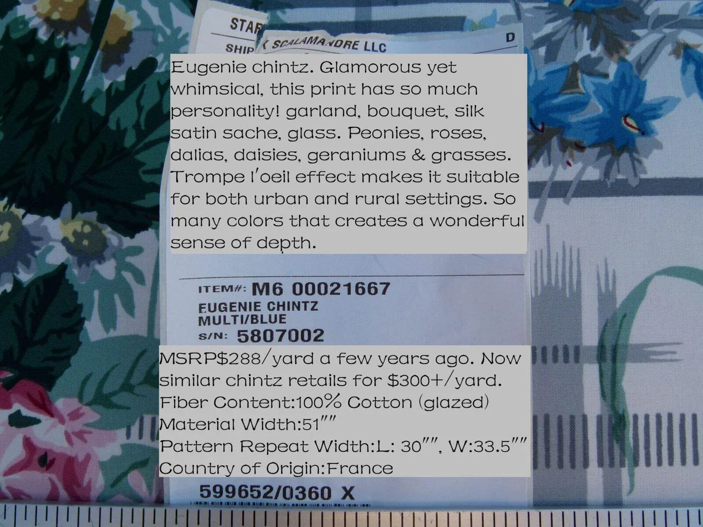 By Yard Scalamandre Eugenie Multi On Blue Chintz Tromp D’oeil Satin Sache Rose Garland MSRP USD 288/Yd