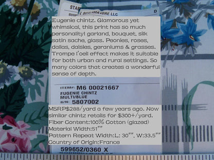 By Yard Scalamandre Eugenie Multi On Blue Chintz Tromp D’oeil Satin Sache Rose Garland MSRP USD 288/Yd