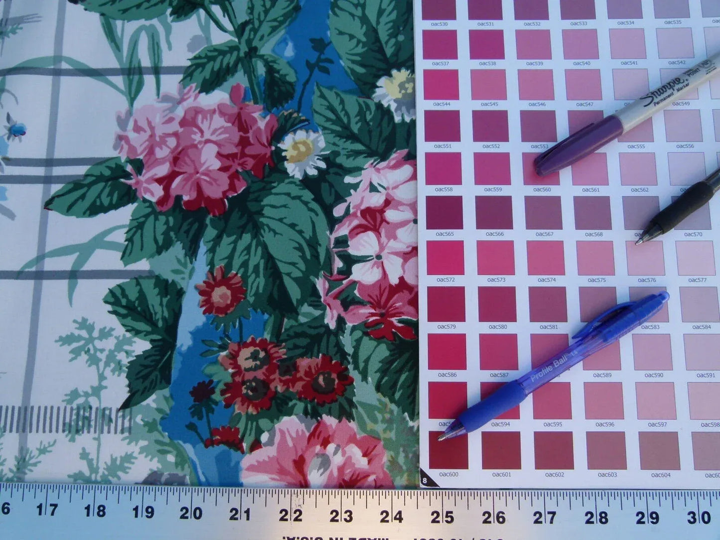 By Yard Scalamandre Eugenie Multi On Blue Chintz Tromp D’oeil Satin Sache Rose Garland MSRP USD 288/Yd