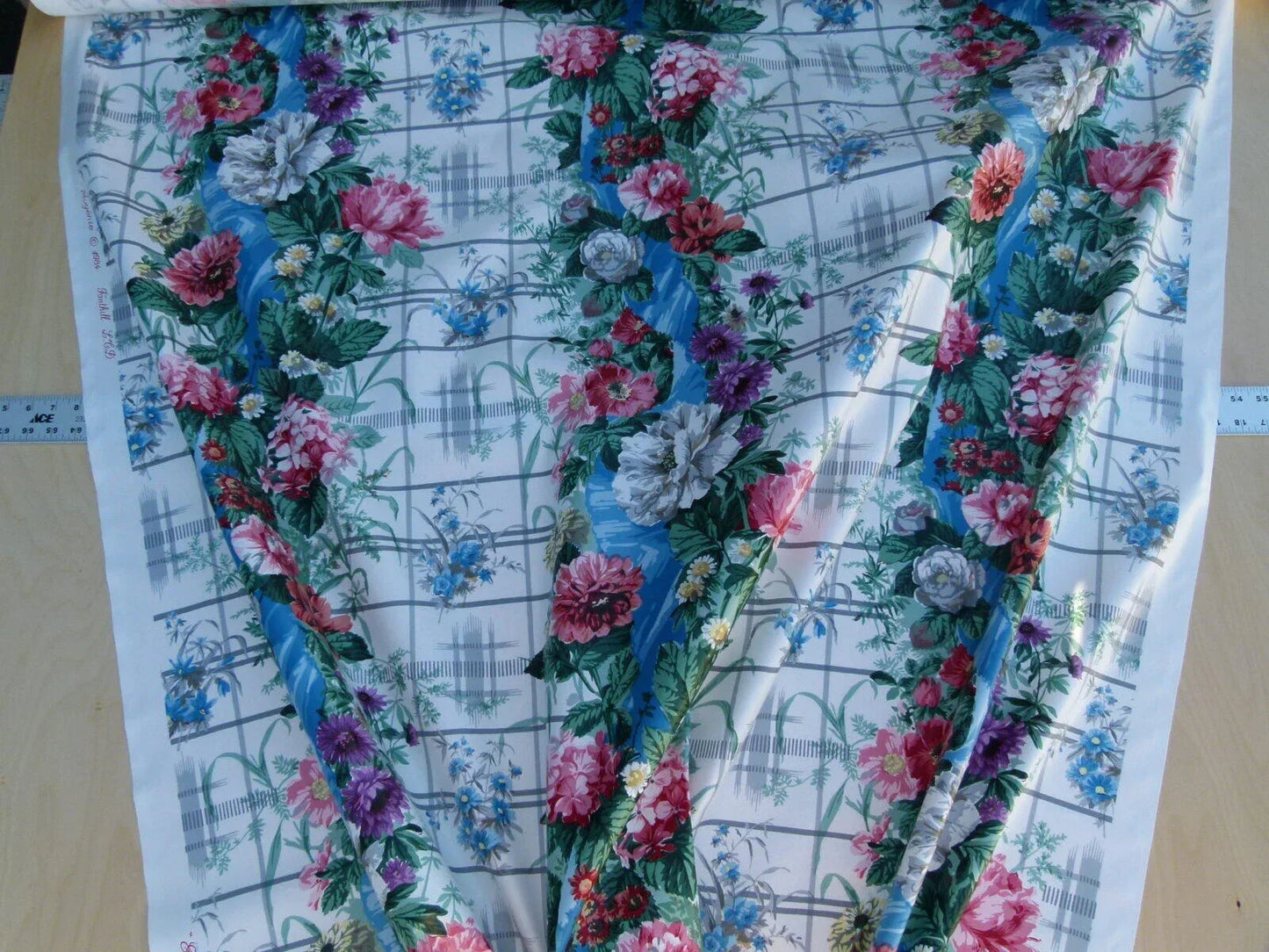 By Yard Scalamandre Eugenie Multi On Blue Chintz Tromp D’oeil Satin Sache Rose Garland MSRP USD 288/Yd