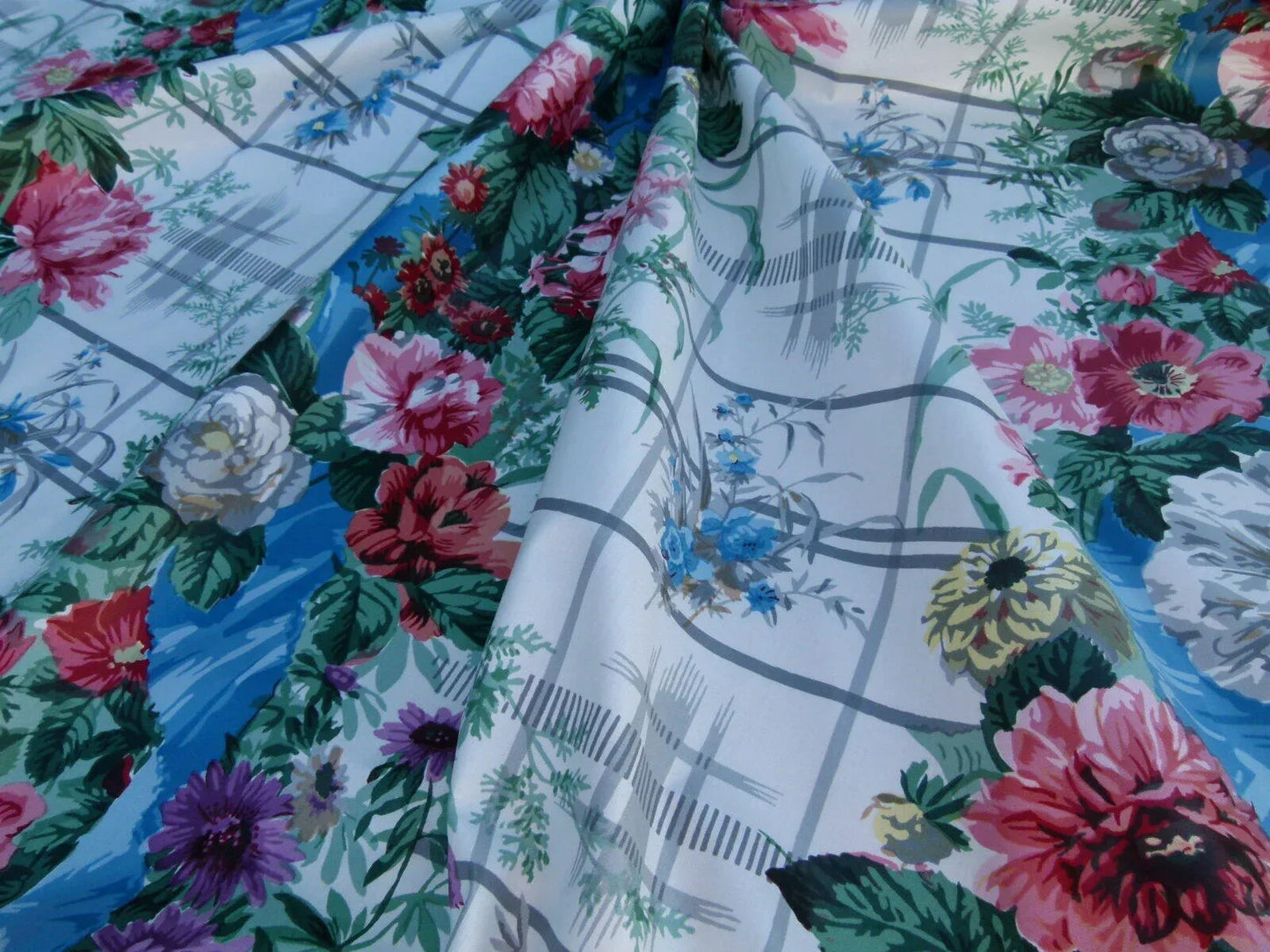 By Yard Scalamandre Eugenie Multi On Blue Chintz Tromp D’oeil Satin Sache Rose Garland MSRP USD 288/Yd