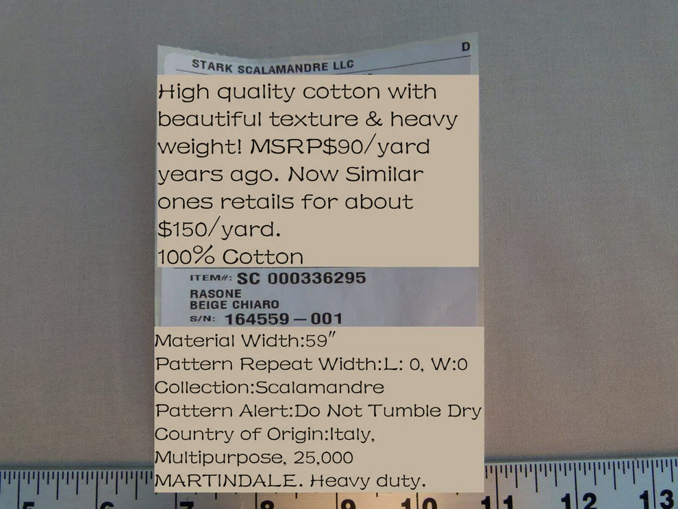 Scalamandre Old World Weavers  Gloss Beige Chiaro Cotton Linen Blend MSRP USD 90/Y - by yard
