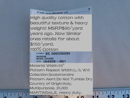 Scalamandre Old World Weavers Rasone Beige Chiaro Light Beige 100% Cotton Heavy MSRP USD 150/Y