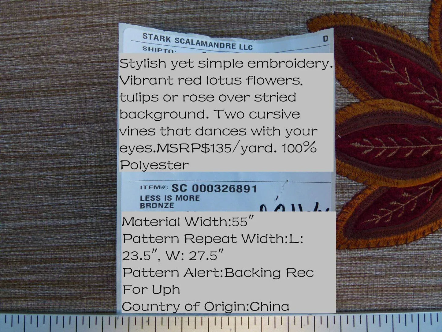 Scalamandre Less Is More Bronze Embroidery Vine Flower Red Gold Green MSRP USD 135/y