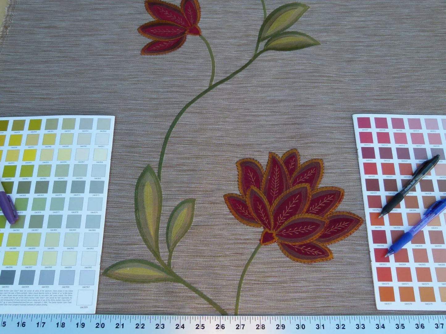 Scalamandre Less Is More Bronze Embroidery Vine Flower Red Gold Green MSRP USD 135/y