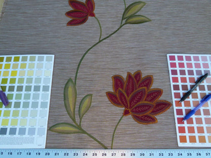 Scalamandre Less Is More Bronze Embroidery Vine Flower Red Gold Green MSRP USD 135/y