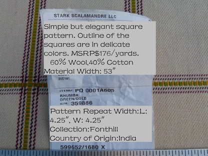 Scalamandre Rhumba Fonthill Green Gold Purple Heavy Wool Cotton Plaid Old World Weavers MSRP USD 264/Y