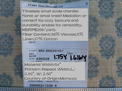 Scalamandre Fez Blue Mini Flowers Tree Crest Cotton Linen Chenille Fonthill Old World Weavers MSRP USD 208/Y