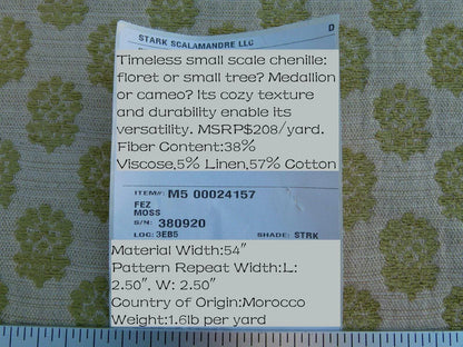 Scalamandre Fez Moss Green Mini Flowers Tree Crest Cotton Linen Chenille Fonthill Old World Weavers MSRP USD 208/Y