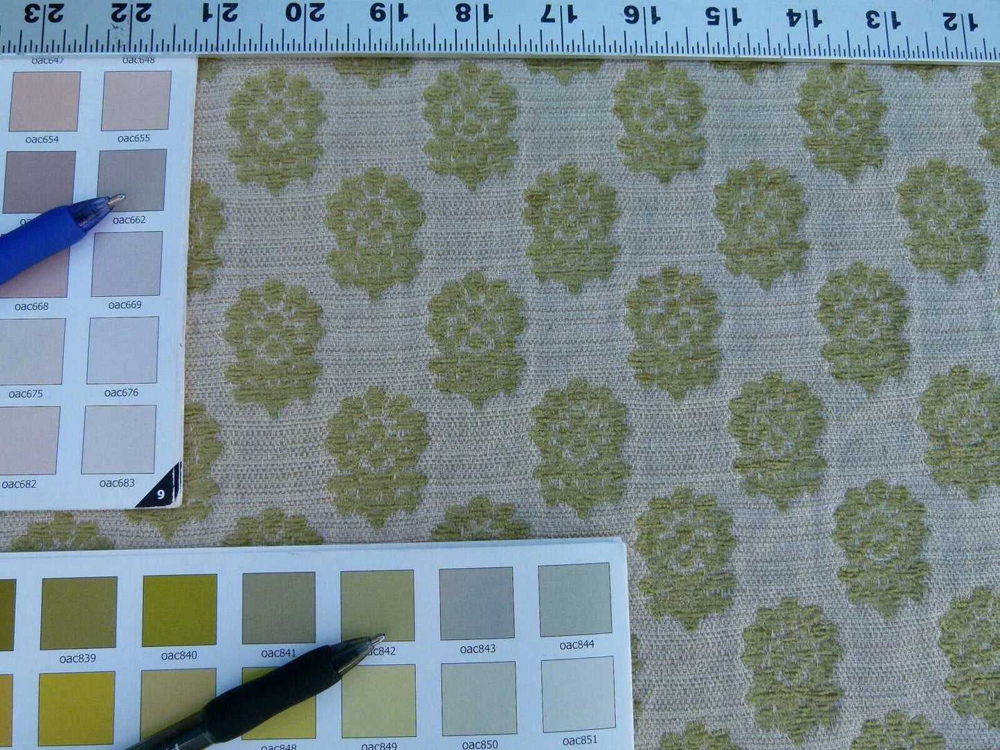 Scalamandre Fez Moss Green Mini Flowers Tree Crest Cotton Linen Chenille Fonthill Old World Weavers MSRP USD 208/Y