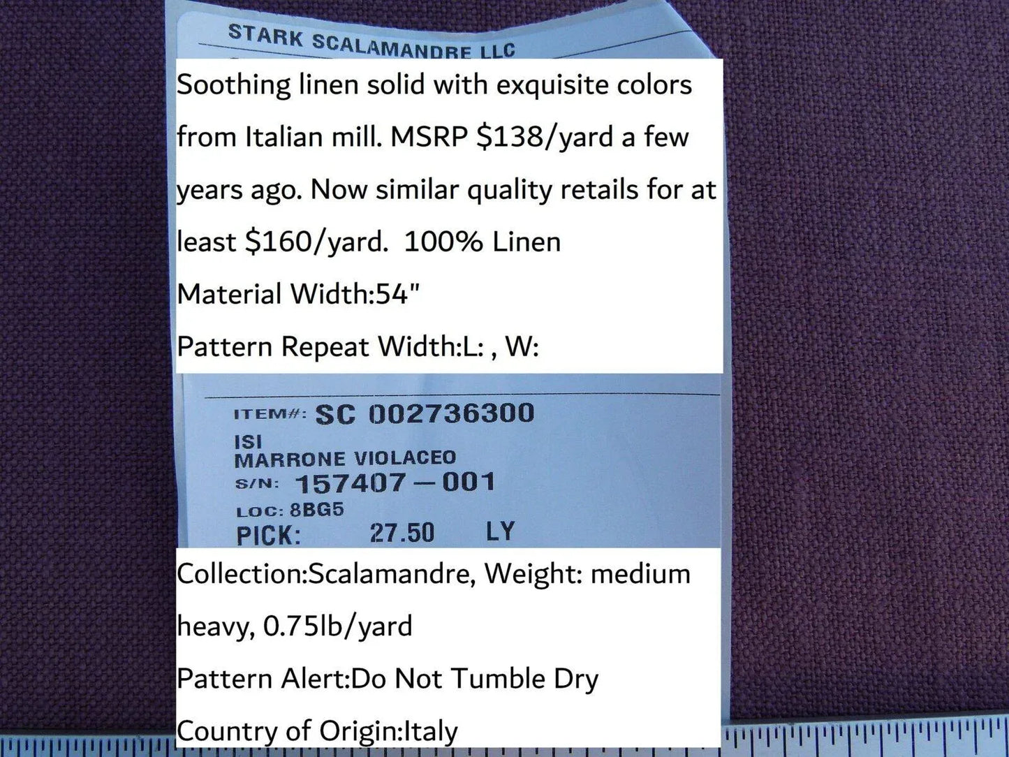 Scalamandre Isi Marrone Violace Brown Purple Eggplant 100% Linen MSRP USD 138/yd Old World Weavers