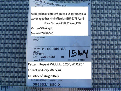 1.3Y Scalamandre Maia Grey Watkins Pewter Silver Blue Chenille MSRP USD 178/yard (Defects)