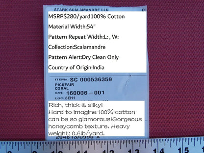 by yard Scalamandre Pickfair Coral Pink Red Honeycomb 100% Cotton MSRP USD 280/Y