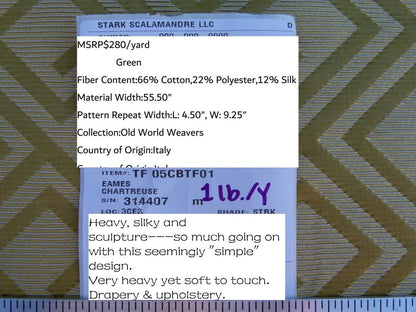 Scalamandre Eames Chartreuse Green Golden Silk Woven Diamond Chenille  Old World Weavers MSRP USD 280/Y