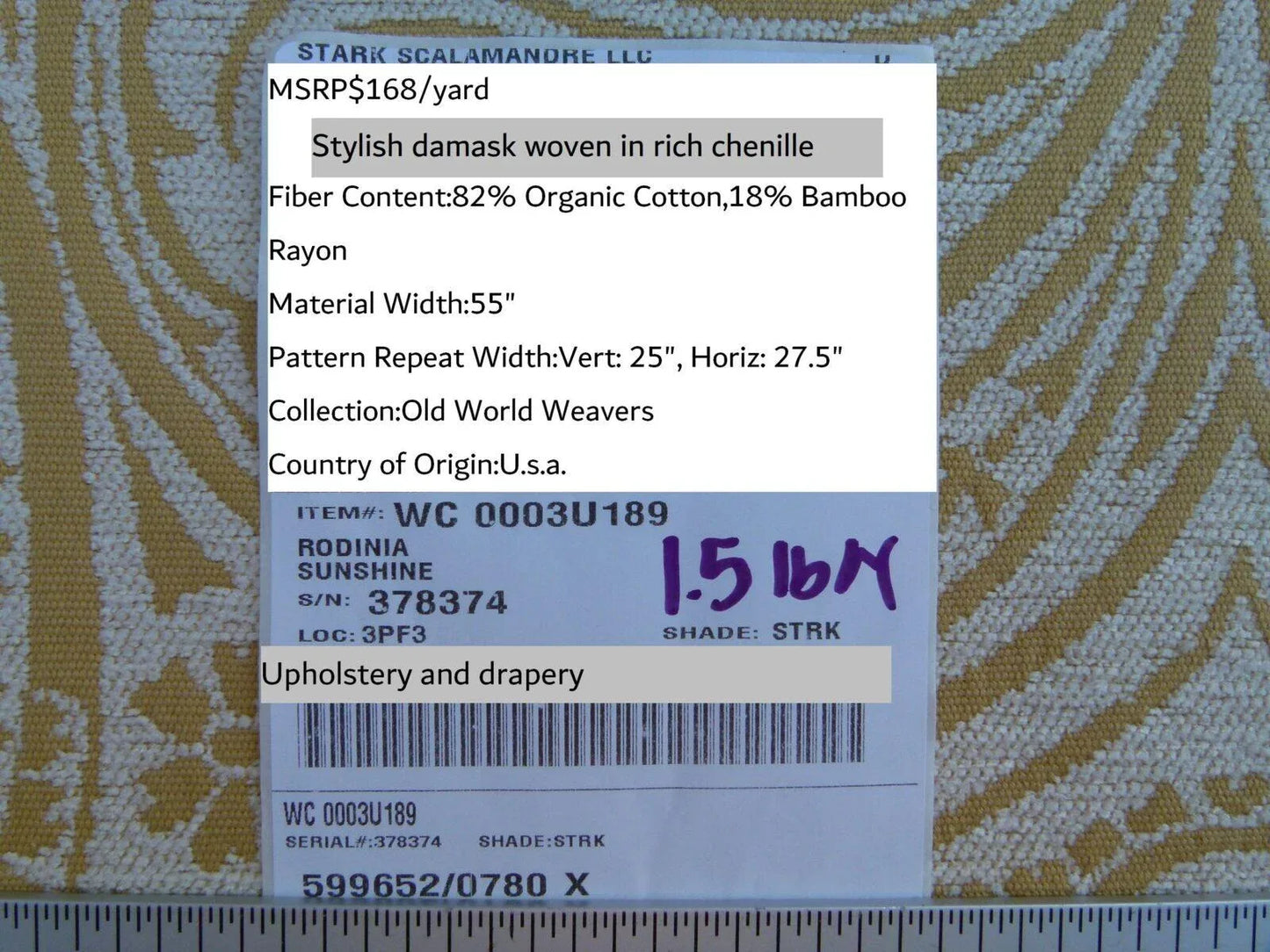 Scalamandre Rodinia Sunshine Yellow Gold White Organic Cotton Classic Damask Chenille Old World Weavers MSRP USD 168