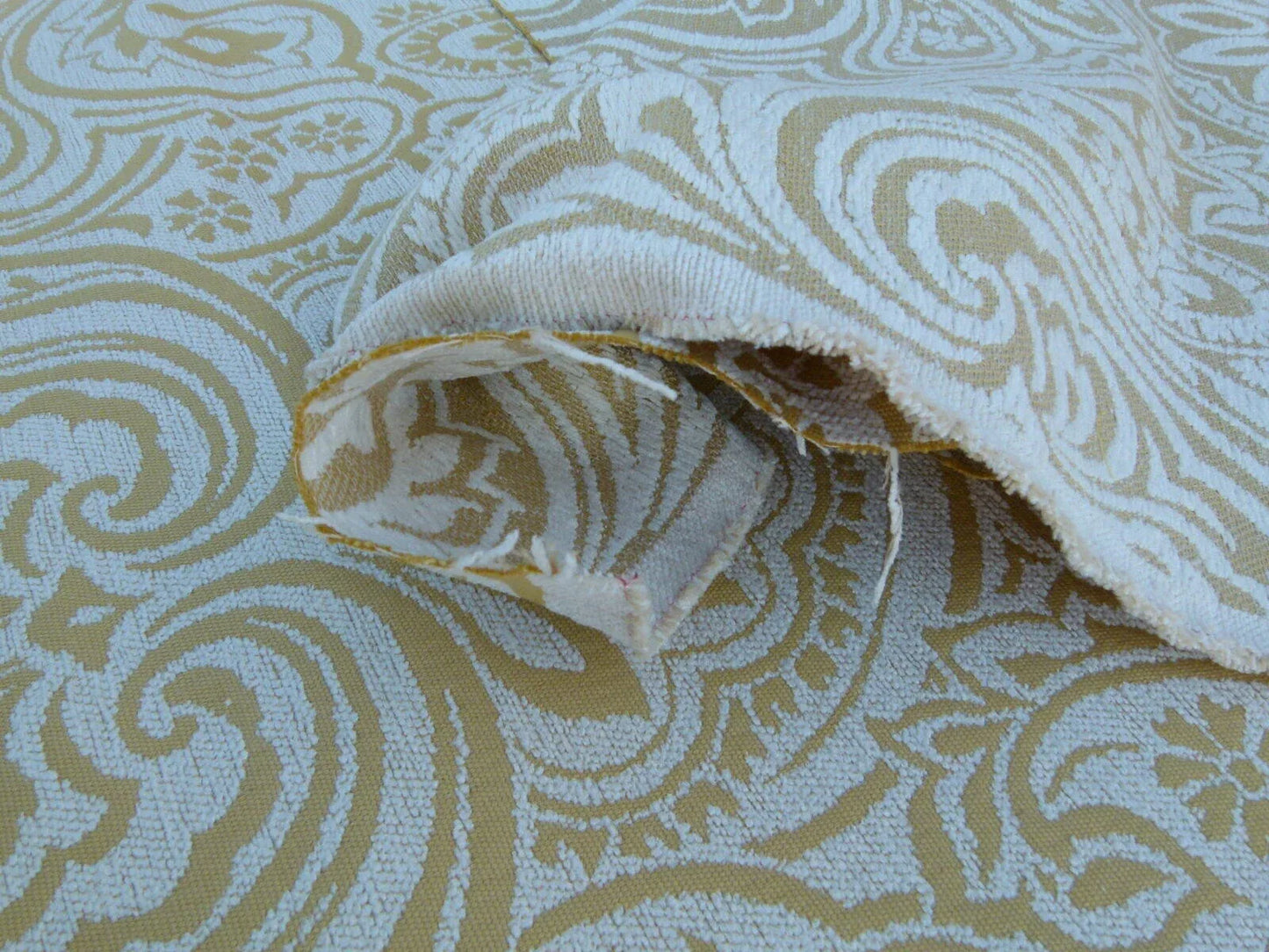 Scalamandre Rodinia Sunshine Yellow Gold White Organic Cotton Classic Damask Chenille Old World Weavers MSRP USD 168