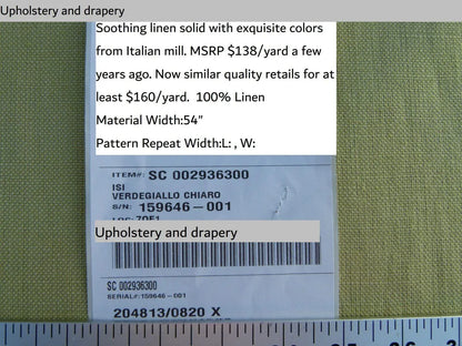 Scalamandre Isi Verdegiallo Chiaro Light Green 100% Linen MSRP USD 138/yd Old World Weavers